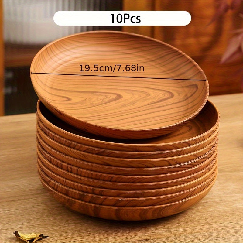 5pcs,10pcs,Wood Grain Color Dinner Plates, Thickened Plastic Dinner Plates, Salad Plate Bread Sandwich Plate, Breakfast Tray, Home Restaurant Dinner Plate Set, Main Course Noodle Pasta Rice Plate, Serving Tray, Party and Outdoor Camping Tray