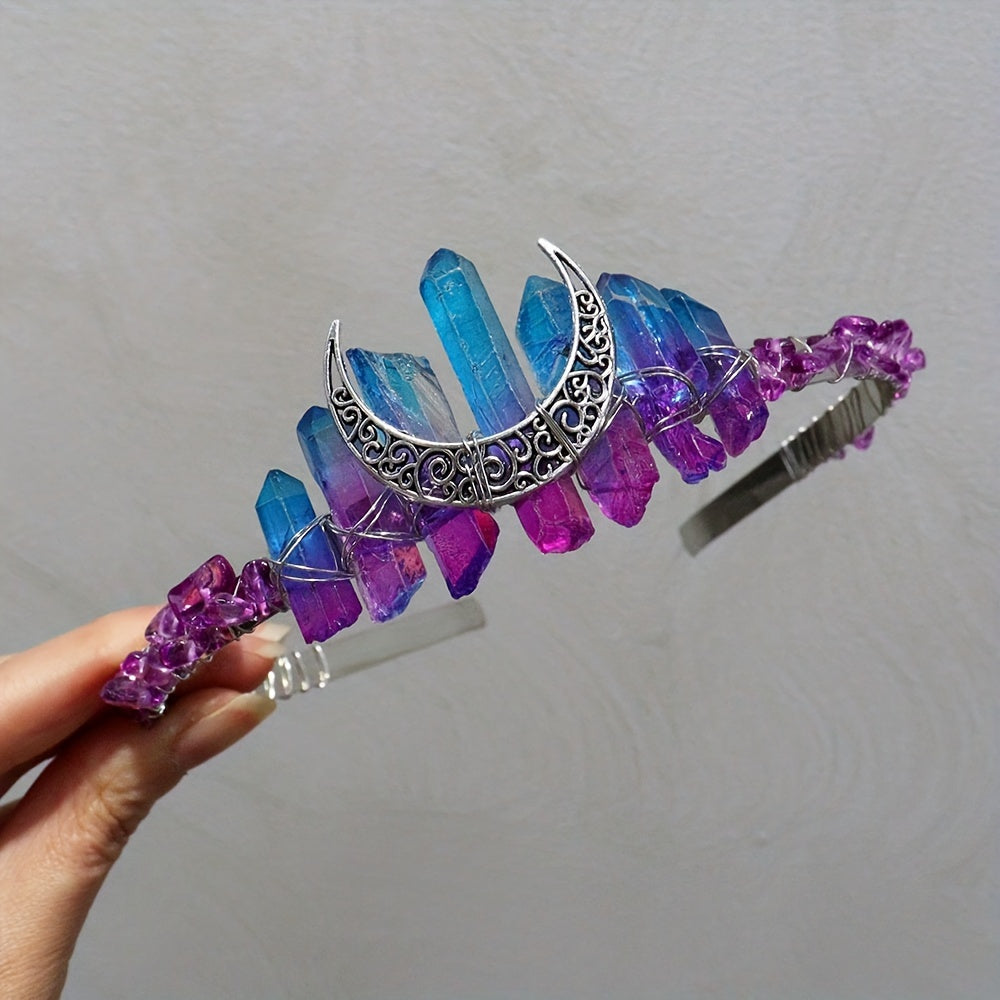 1pc Elegant Natural Crystal Headband - Moon Shaped Hollow Tiara - Chic Hair Jewelry for Special Occasions and Everyday Glamour