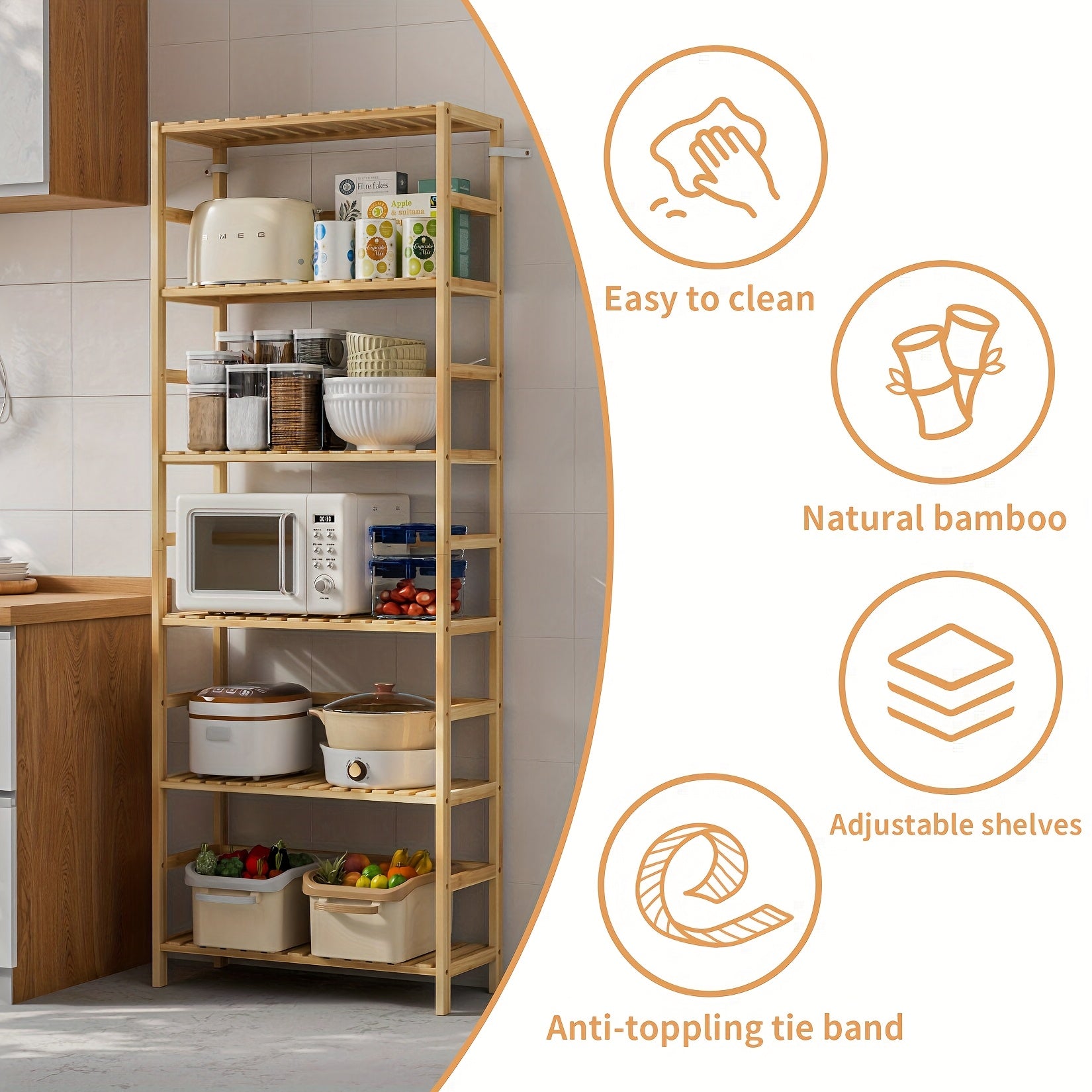 1pc Bamboo 6-Tier Freestanding Shelf Rack, Adjustable Tiered Storage Organizer for Kitchen, Bathroom, Home Office - No Metal Pipes, Versatile Room Use, AESOME, Standing Shelf
