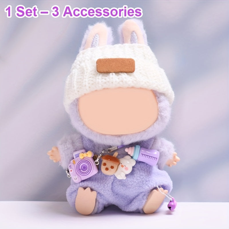 [Cute Crochet Outfit] 3pcs Crochet Outfit for Labubu | Doll Clothes Set with Hat, Overalls & Mini Camera Bag, Cute Handmade Accessories - Doll Not Included