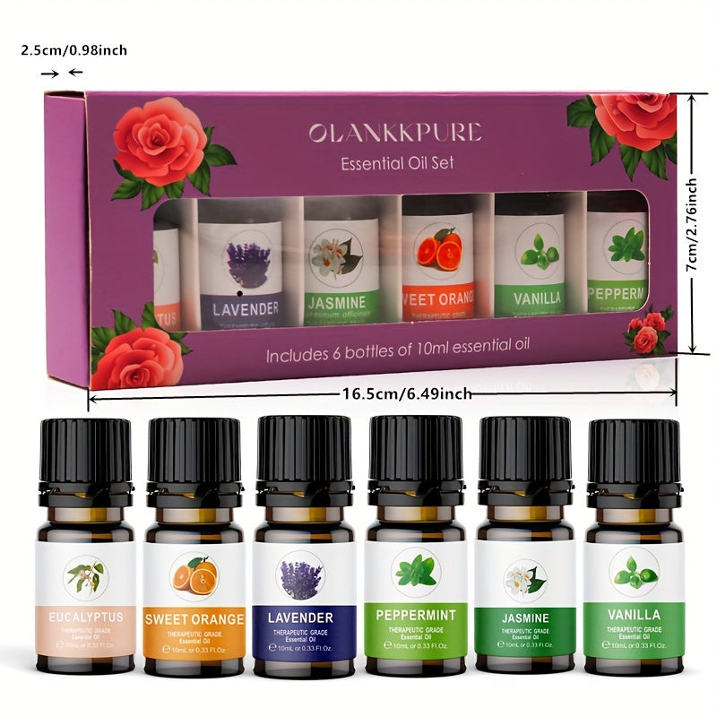A Set of 6 Essential Oils, Suitable for Air Freshening, Including Lavender, Jasmine, Mint, Eucalyptus, Sweet Orange, And Vanilla.