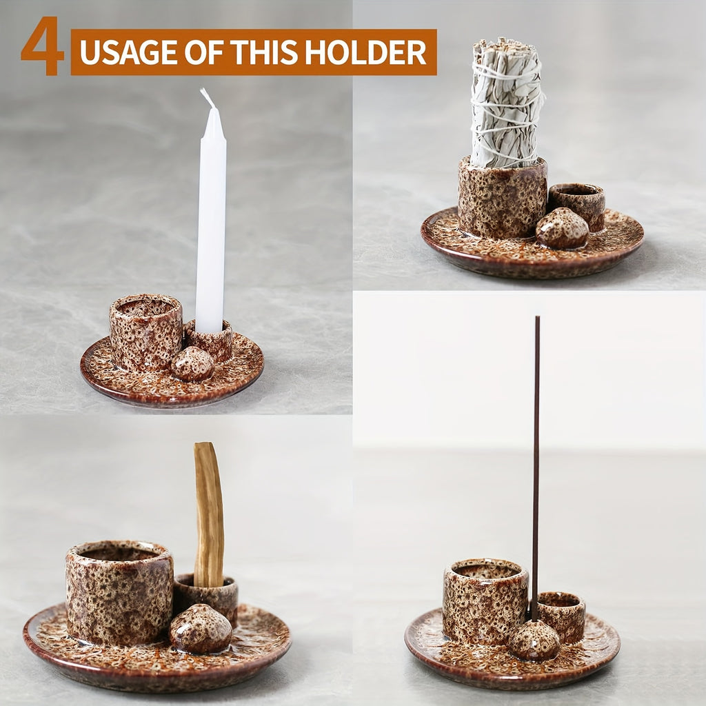 1pc 4-in-1 Ceramic Incense Burner Holder – Palo Santo & Sage Smudge Stand with Stick & Candle Holder, Elegant Home Decor for Meditation, Yoga, and Aromatherapy Relaxation, Home Relaxation | Rustic Ceramic Holder | Terracotta Design, Incense Holder