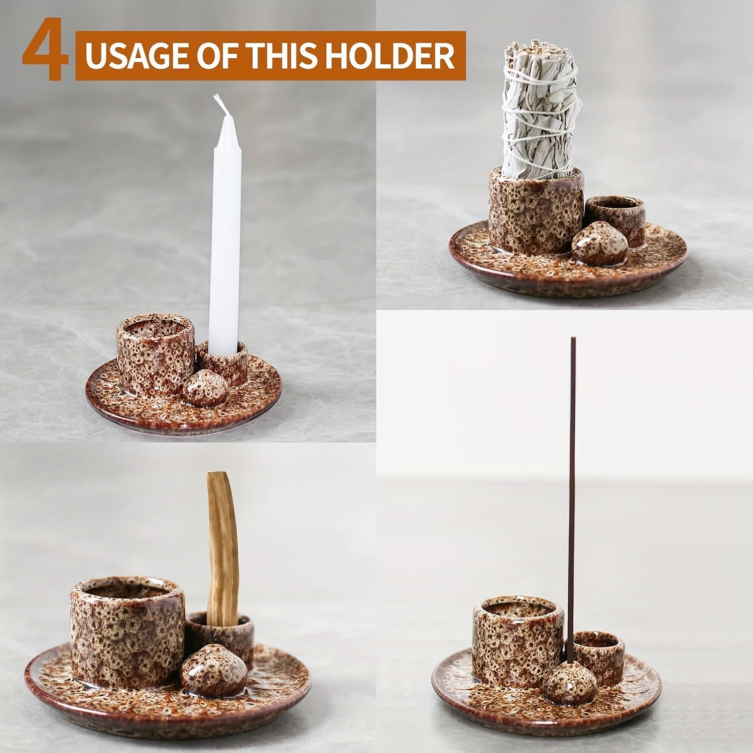 1pc 4-in-1 Ceramic Incense Burner Holder – Palo Santo & Sage Smudge Stand with Stick & Candle Holder, Elegant Home Decor for Meditation, Yoga, and Aromatherapy Relaxation, Home Relaxation | Rustic Ceramic Holder | Terracotta Design, Incense Holder