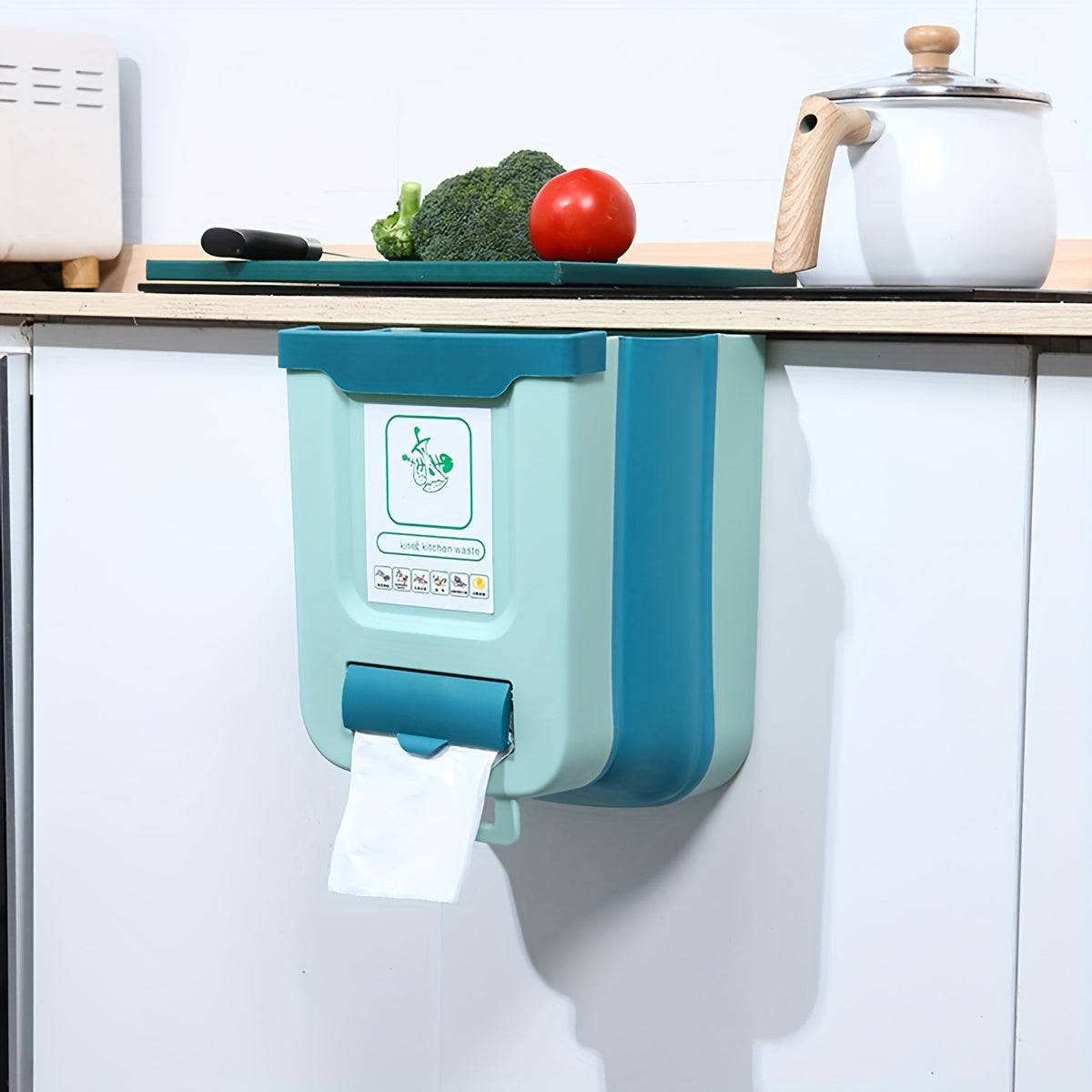 [Creative Sorting, Space-Saving] 1pc Space-Saving Large Foldable Hanging Trash Can - Wall-Mounted Waste Basket for Kitchen Cabinet Doors with Creative Sorting Feature, No Electricity Required, Modern Kitchen Accessory