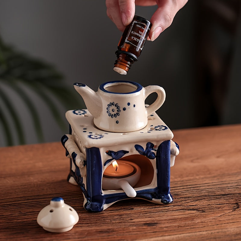 Blue & White Ceramic Teapot Candle Holder
