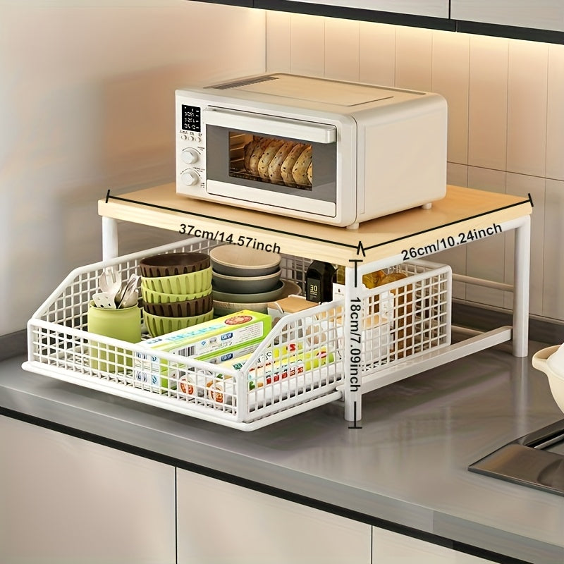 1pc Kitchen Microwave Rack, Floor-standing Organizer, Fixed Shelf, 2 Colors Available, Hardwood & Metal Structure, with Drawer, Modern Design, Durable, Standing Shelf