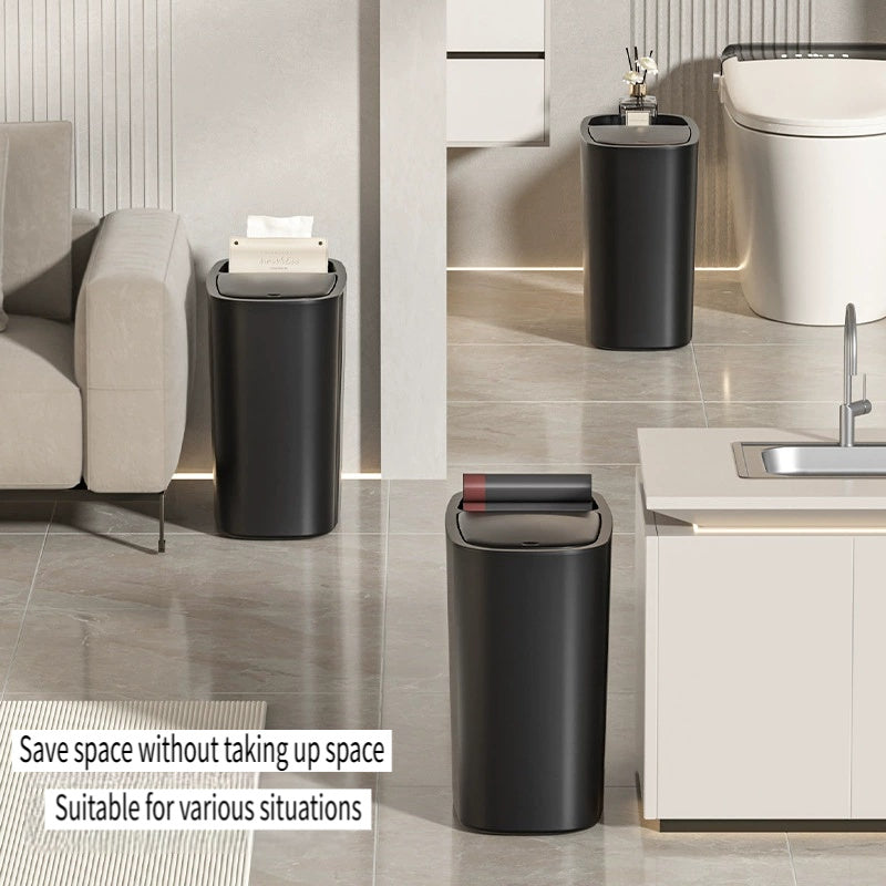 12L Sleek Black Trash Can with One-Click Pop-Up Lid, Odor-Sealing, Oval Plastic Waste Bin for Bathroom & Home - Sleek Design, Durable & Easy to Clean, Bathroom Trash Can