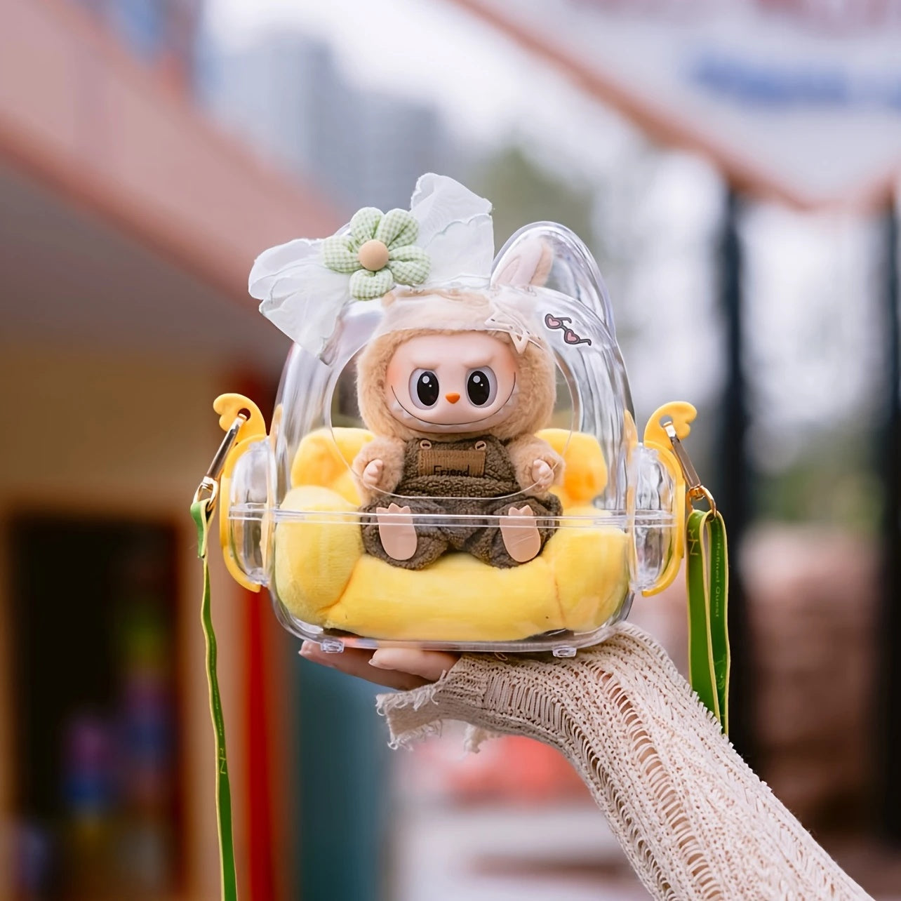 2025 Crystal Clear Acrylic Display Case with Adjustable Strap - Labubu/Crybaby/Skullgirl Anime Figure Showcase, Large Transparent Storage with Detachable Door & Playful Character Design for Collectors, Summer Eye-Catching Glowing Acrylic Carrier, Anime Ac