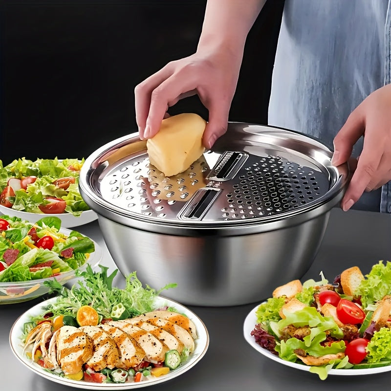 Stainless Steel 3pcs Kitchen Set - Integrated Grinder, Multi-Functional Strainer & Mixing Bowl for Cleaning & Slicing Fruits, Vegetables, Cheese - Food-Safe with Drainage System, Perfect for Home Cooking