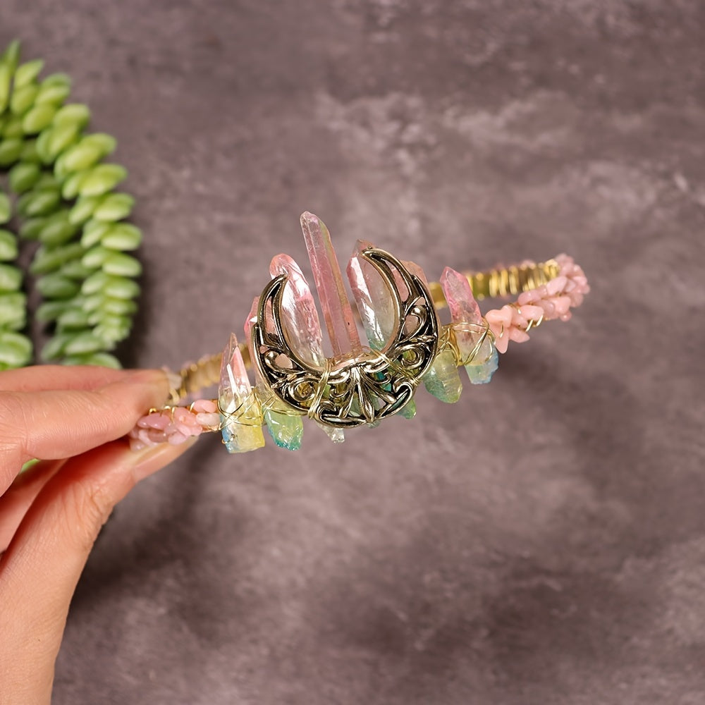 1pc Elegant Natural Crystal Headband - Moon Shaped Hollow Tiara - Chic Hair Jewelry for Special Occasions and Everyday Glamour
