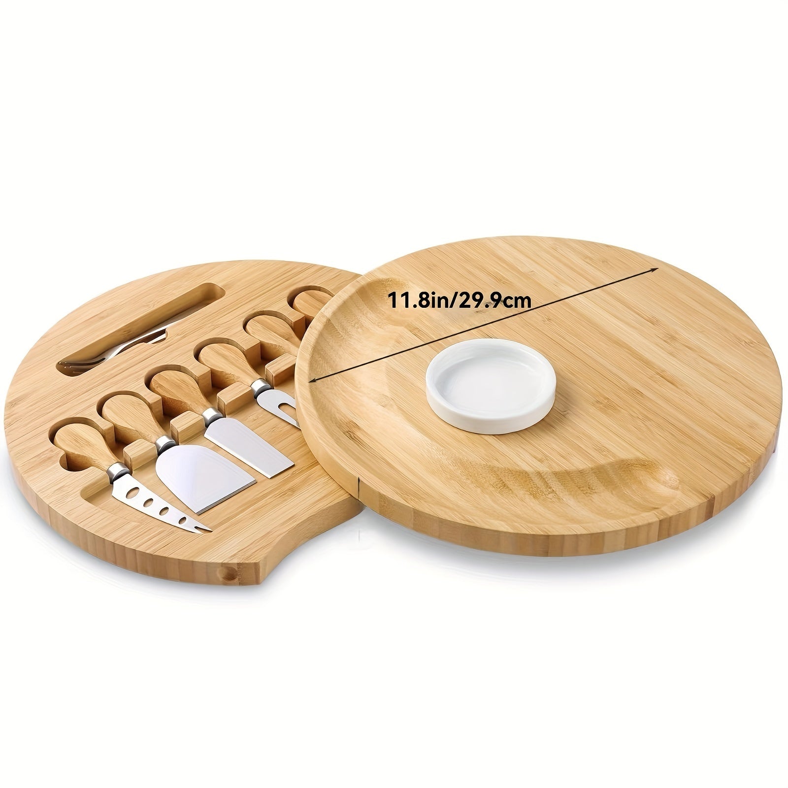 1set Bamboo Cheese Board With Knife And Fork