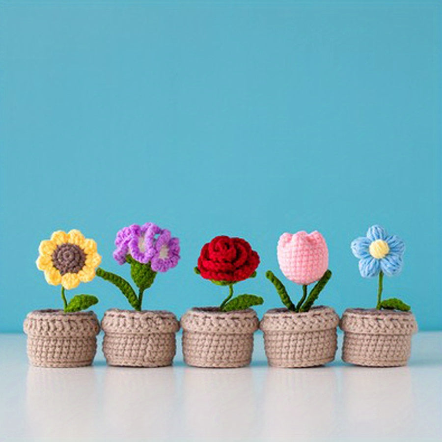 Handmade Crochet Polyester Sunflower Rose Tulip Puff Carnation Miniature Bonsai Car Parts for Living Room Tabletop Decor, No Electricity Needed, Perfect for Christmas, Thanksgiving, Valentine's, Mother'S Day, Graduation Gifts