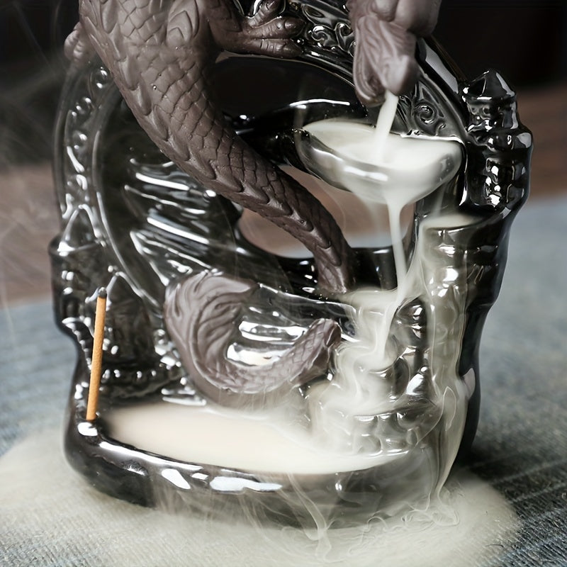 Elegant Black Winged Dragon Backflow Incense Burner - Ceramic Waterfall Smoke Holder for Home Decor, and Air Purification - Perfect for Yoga, Christmas, Halloween, Easter, Thanksgivin