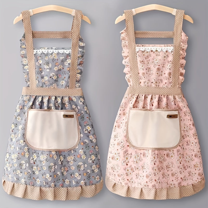 [Floral Princess Apron] 1pc Floral Lace Princess Apron - Hand Wipe Pocket - Suitable for Kitchen, Living Room, Bathroom Cleaning