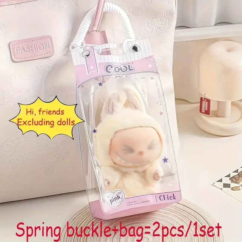 Labubu Monster Series Plush Toy Protective Cover with Spring Keychain - Transparent Storage Bag, Cute Collectible Gift for Girls, Girlfriend, Sister, Friends (Excluding Dolls)