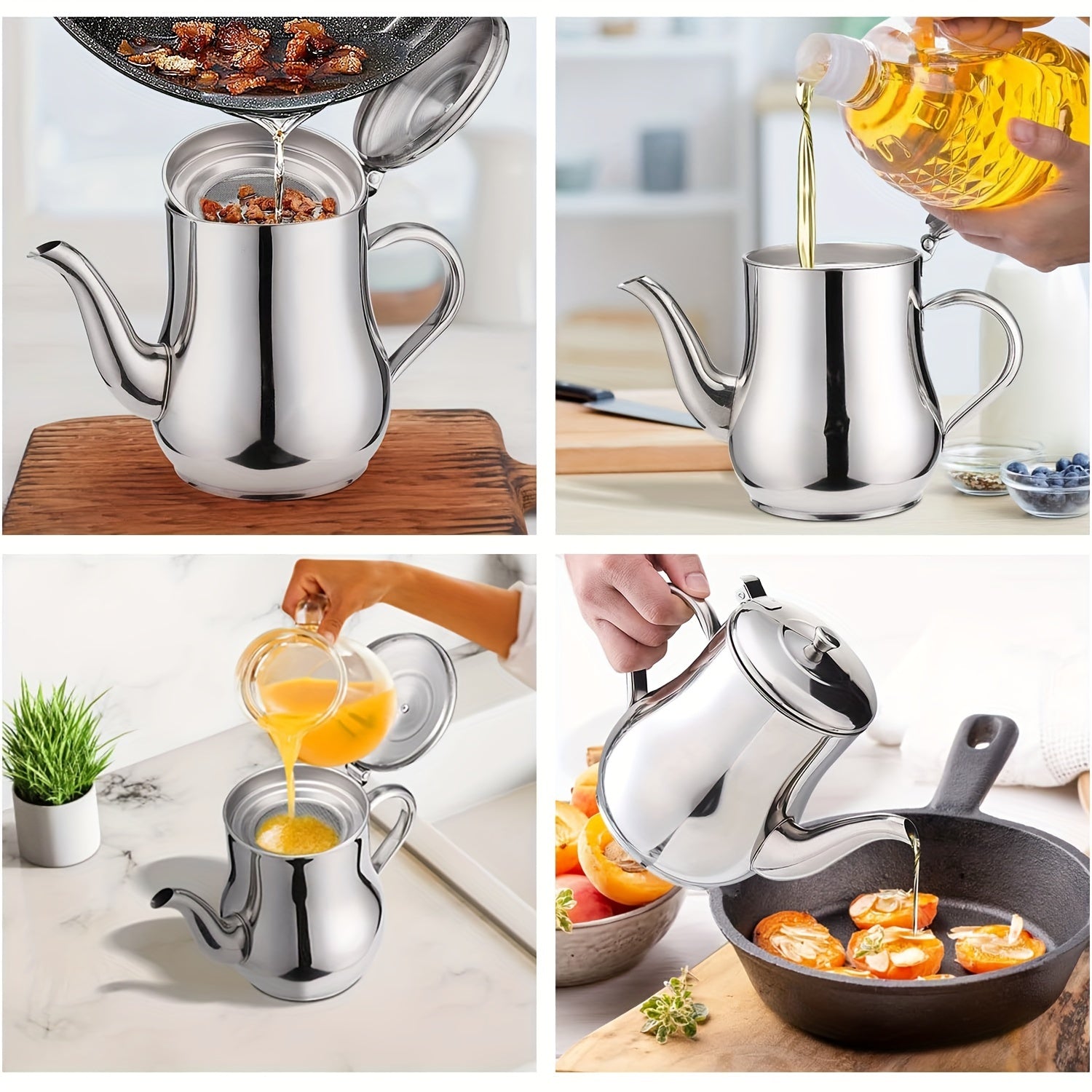 [Oil Strainer] Stainless Steel Oil Strainer Pot | 2pcs | 13oz + 18oz | Fine Mesh Strainer | Home Kitchen