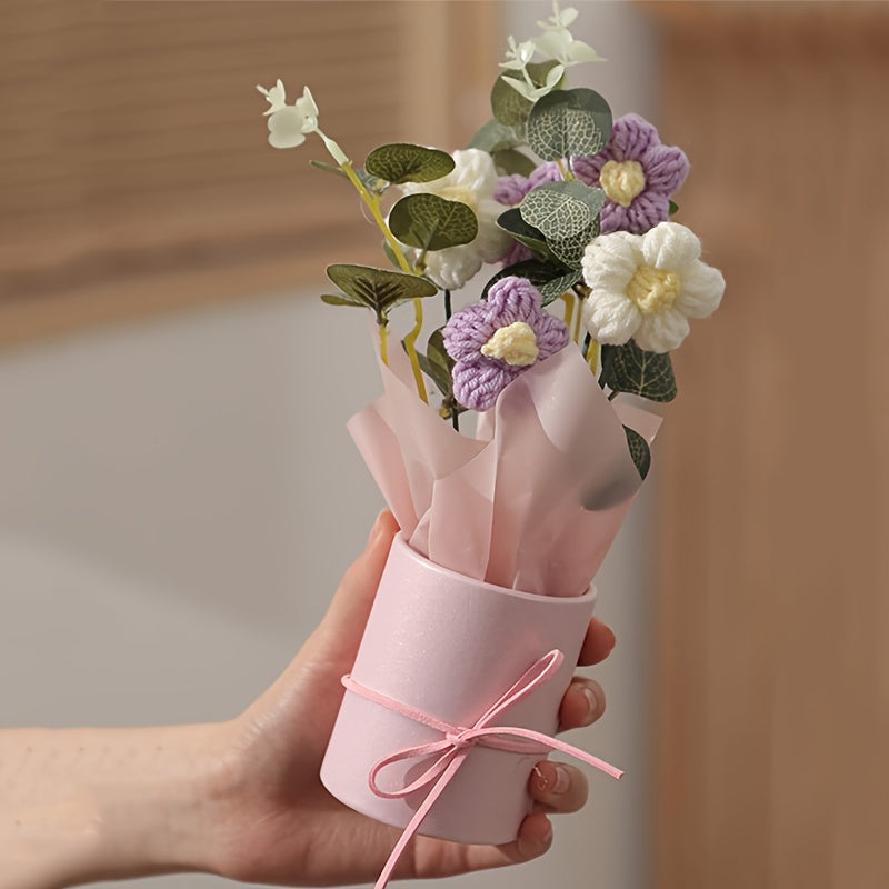 1 Set Handmade Yarn Artificial Flower Bouquet with Plastic Bucket, Ribbon, and Tissue Paper - 5 Yarn Hook Flowers in Pink, White, and Yellow - Ideal for Mother'S Day, Valentine'S Day, Birthdays, and Home Decor, Mother'S Day Gift|Elegant Flower Arrangement