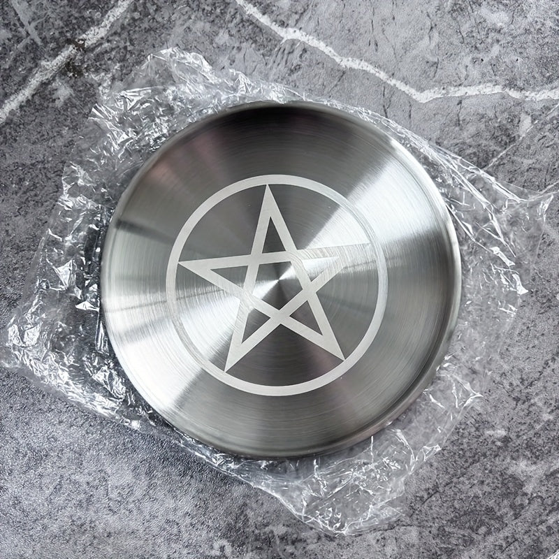 1pc, 5.51-inch Silver Altar Plate with March Pentagram, Stainless Steel Metal Dish, Candle Holder, Ceremony Meditation Decor, Home Living Room Office Decor, Christmas Independence Day Graduation School Season Decor, Vintage Geometric Religious Theme
