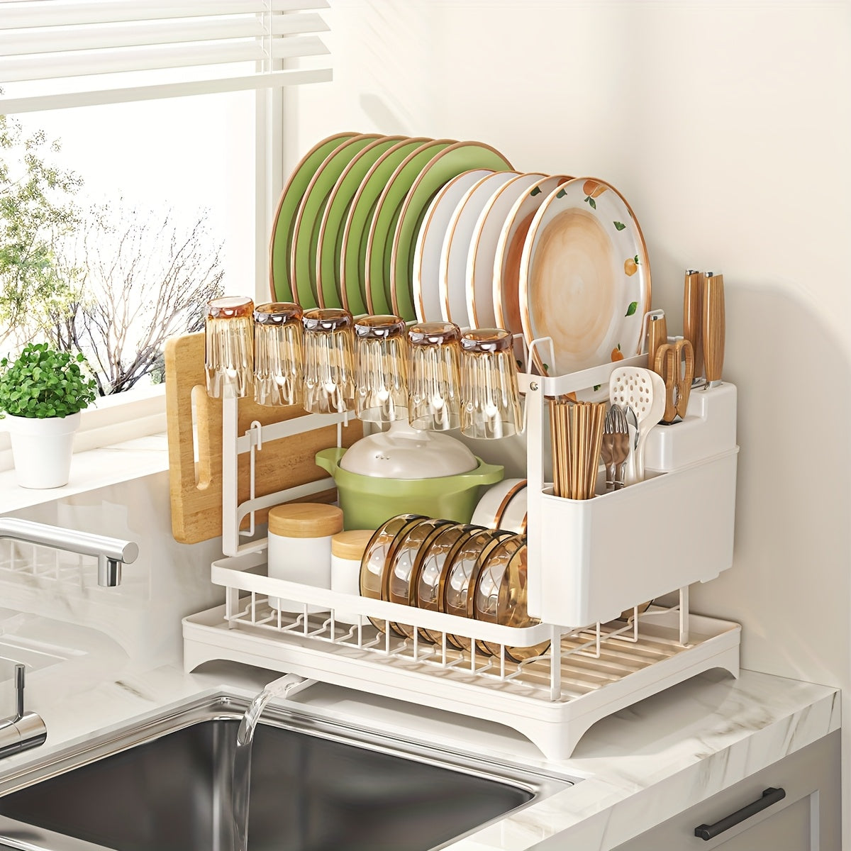 1pc Large Capacity 2-Tier Dish Drying Rack with Drainboard, Double-Layer Bowl & Cup Rack, Detachable Over The Sink Organizer for Kitchen Counter, Black & White - Ideal for Plates, Bowls, Cups & Cutlery Storage, Dish Drying Rack