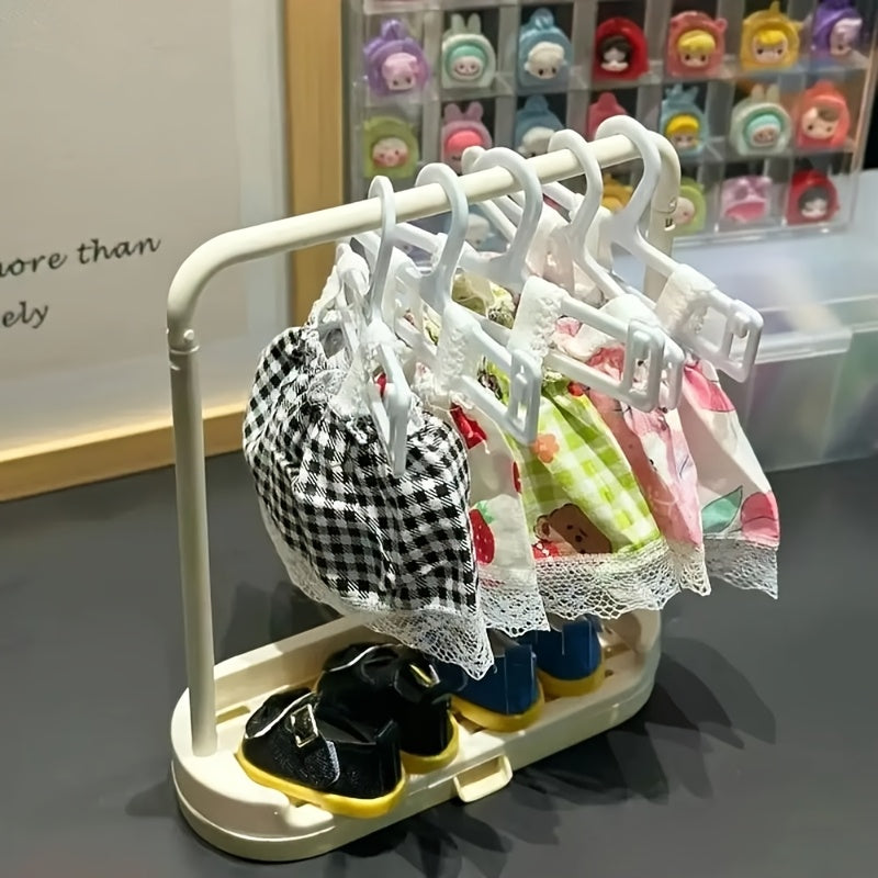 Clothes Storage Rack for Labubu, 1 Rack + 10 Clothes Hangers, Clothes Display Rack for La bubu, Clothes Hanger Doll Shoe Storage Rack Clothes Storage Wardrobe