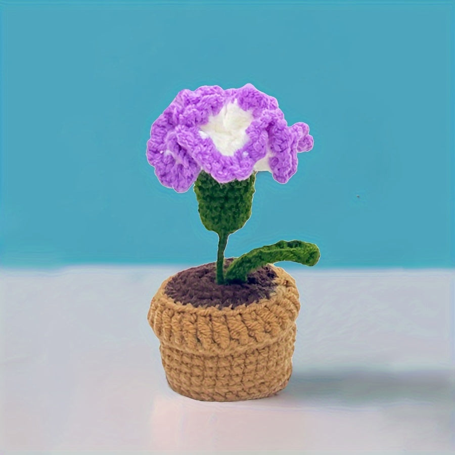 Handmade Crochet Polyester Sunflower Rose Tulip Puff Carnation Miniature Bonsai Car Parts for Living Room Tabletop Decor, No Electricity Needed, Perfect for Christmas, Thanksgiving, Valentine's, Mother'S Day, Graduation Gifts