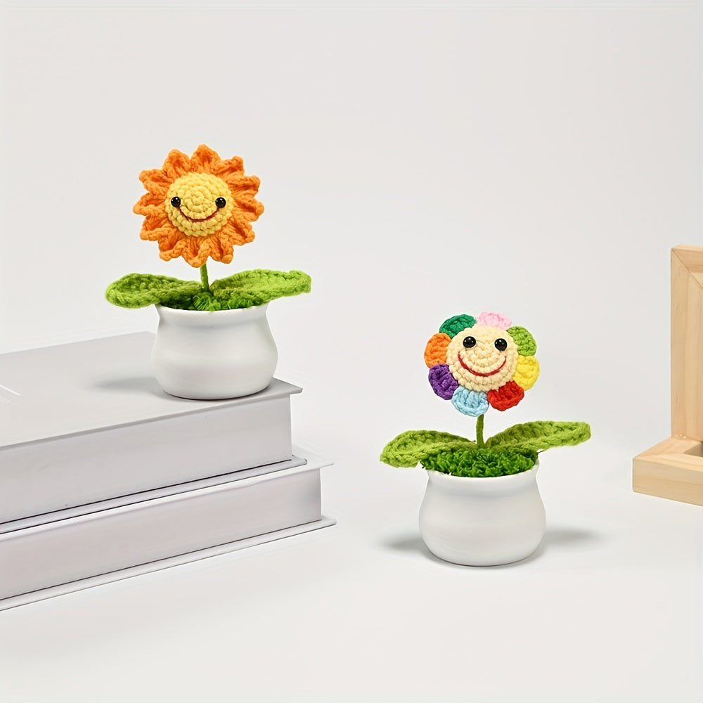 1pc Handmade Crocheted Smiling Sunflower Bonsai Artificial Plant - Vibrant Yellow & Orange Fleeceen Yarn, Realistic Desktop Decor with Pot for Office, Living Room, Bedroom - Thoughtful Gift for Wife, Mother, Girlfriend (Birthday, Christmas, Valentine’s Da