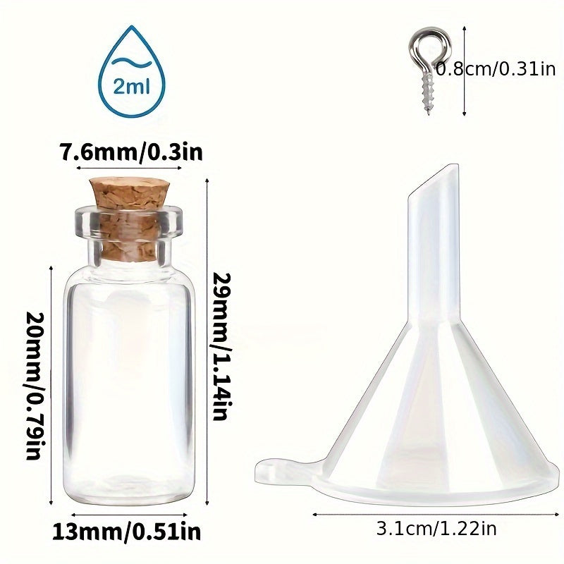 Classic 128pcs Mini Glass Bottles Set - 25pcs 2mL Spell Jars with Cork Stoppers, Round Glass Vials, 100pcs Eye Screws & 3pcs Funnels - Hand Wash Only, for Art Crafts, Wedding Party Favors, Home Decor