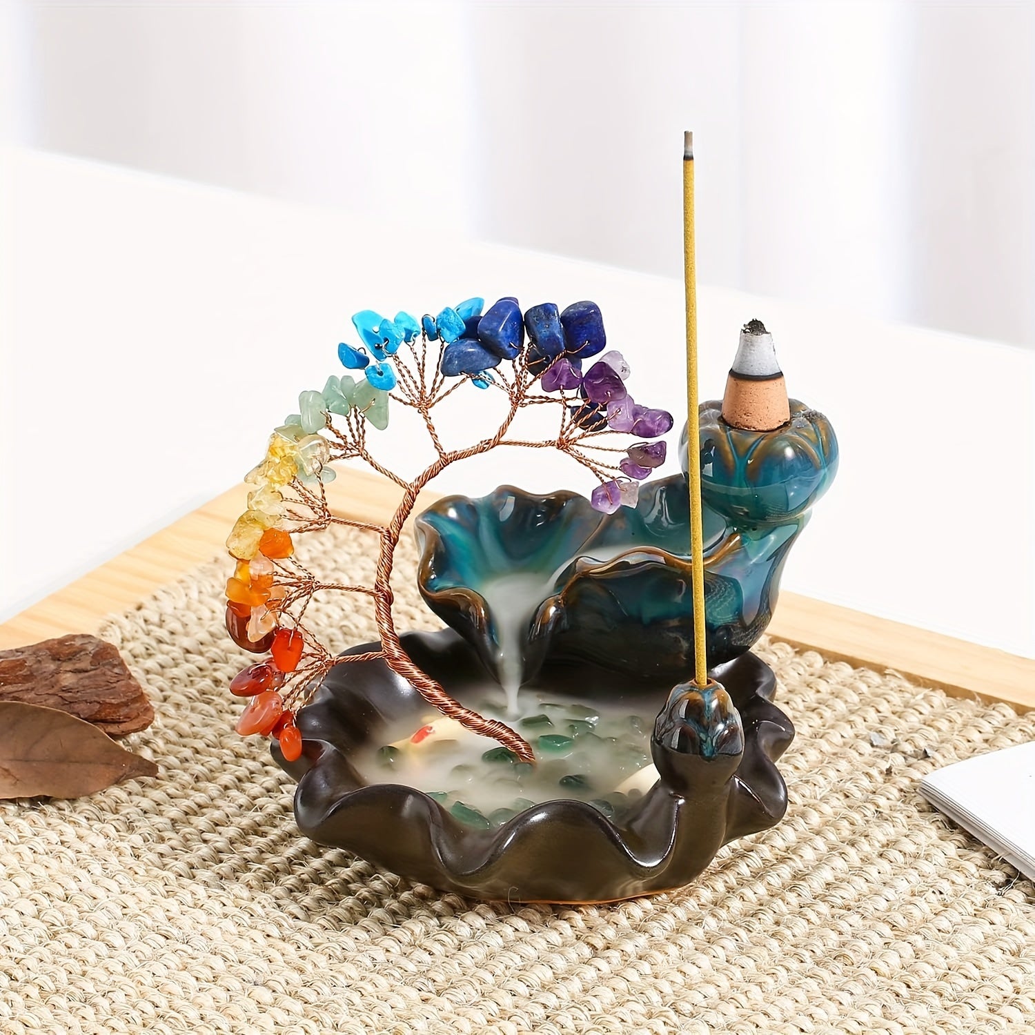A Ceramic Incense Burner with 7 Flowing Water Crystal Money Trees, Suitable for Yoga Meditation And Home Decoration.
