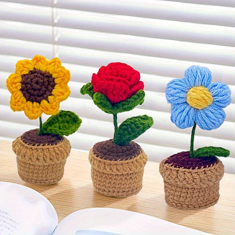 Handmade Crochet Polyester Sunflower Rose Tulip Puff Carnation Miniature Bonsai Car Parts for Living Room Tabletop Decor, No Electricity Needed, Perfect for Christmas, Thanksgiving, Valentine's, Mother'S Day, Graduation Gifts