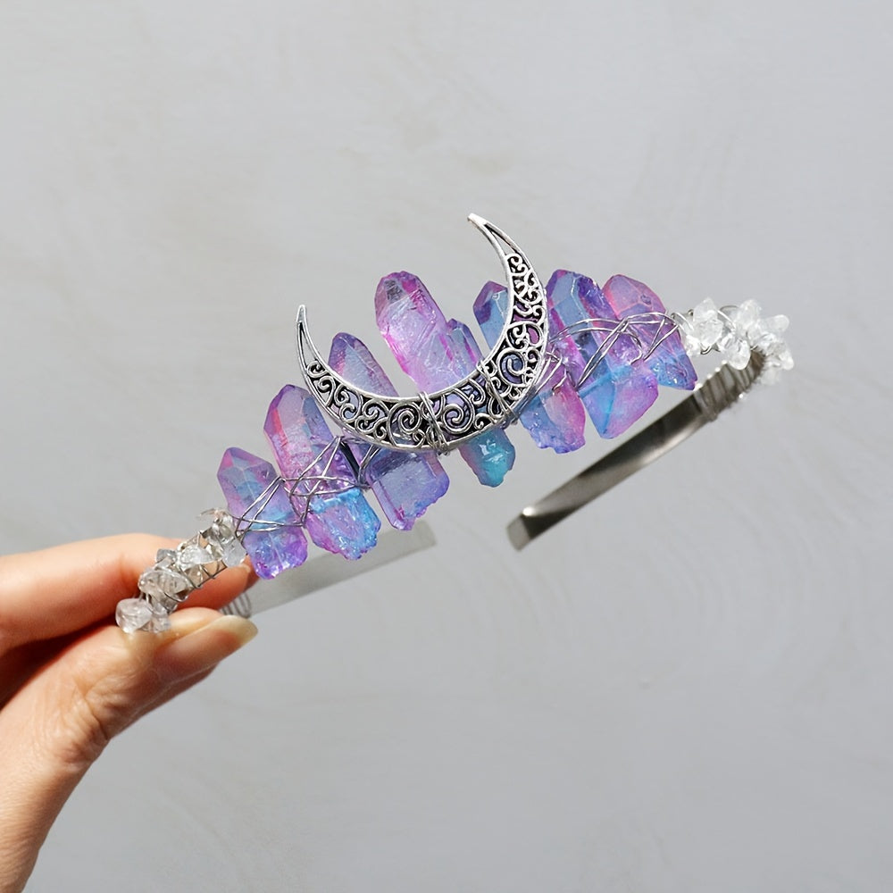 1pc Elegant Natural Crystal Headband - Moon Shaped Hollow Tiara - Chic Hair Jewelry for Special Occasions and Everyday Glamour