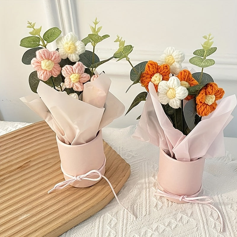 1 Set Handmade Yarn Artificial Flower Bouquet with Plastic Bucket, Ribbon, and Tissue Paper - 5 Yarn Hook Flowers in Pink, White, and Yellow - Ideal for Mother'S Day, Valentine'S Day, Birthdays, and Home Decor, Mother'S Day Gift|Elegant Flower Arrangement