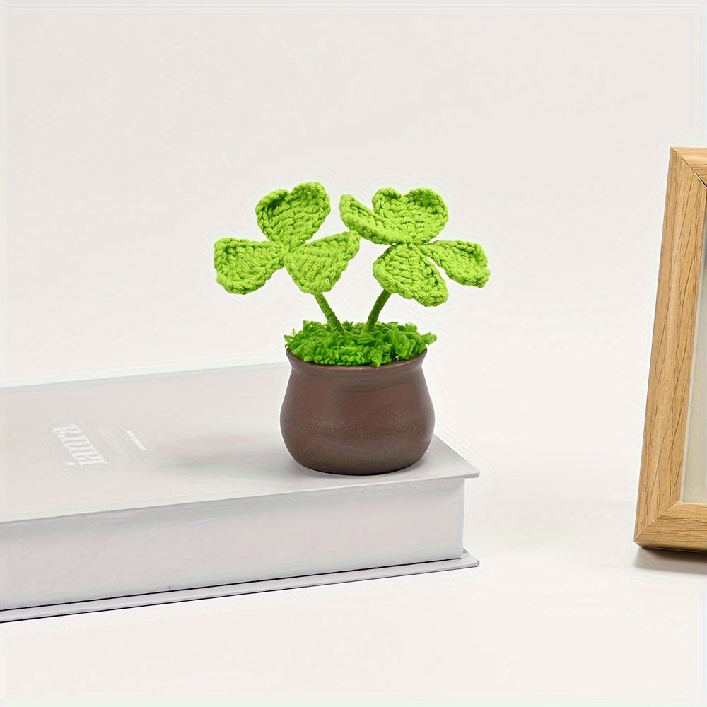 1pc Handmade Artificial Plant Potted, Crocheted Four-leaf Lucky Grass, Unique Knitting Home and Office Desktop Decoration