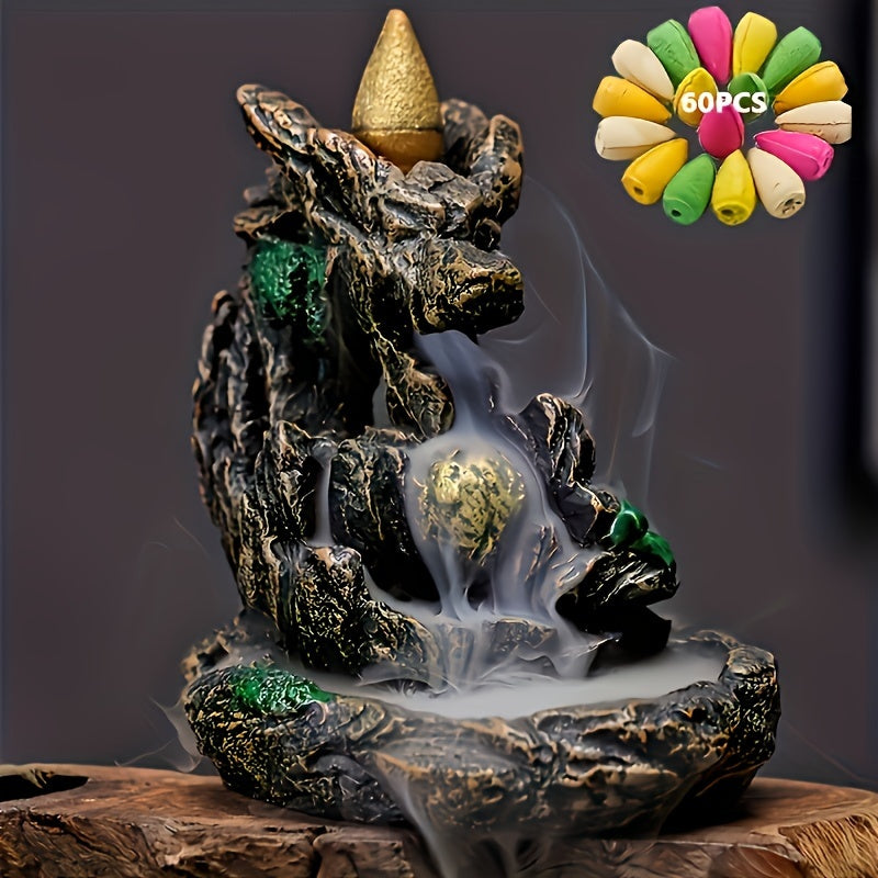 60 Mixed Scent Cones Resin Backflow Incense Burner Waterfall, Indoor Smoke Cascade Censer for Meditation and Relaxation, Home, Office, and Work Use