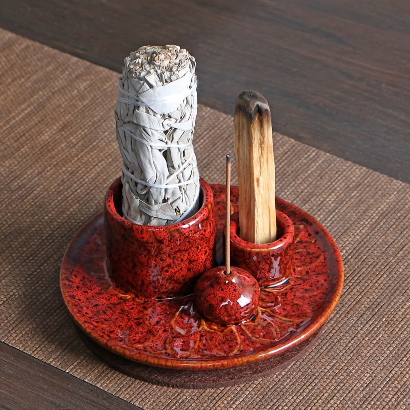 1pc 4-in-1 Ceramic Incense Burner Holder – Palo Santo & Sage Smudge Stand with Stick & Candle Holder, Elegant Home Decor for Meditation, Yoga, and Aromatherapy Relaxation, Home Relaxation | Rustic Ceramic Holder | Terracotta Design, Incense Holder