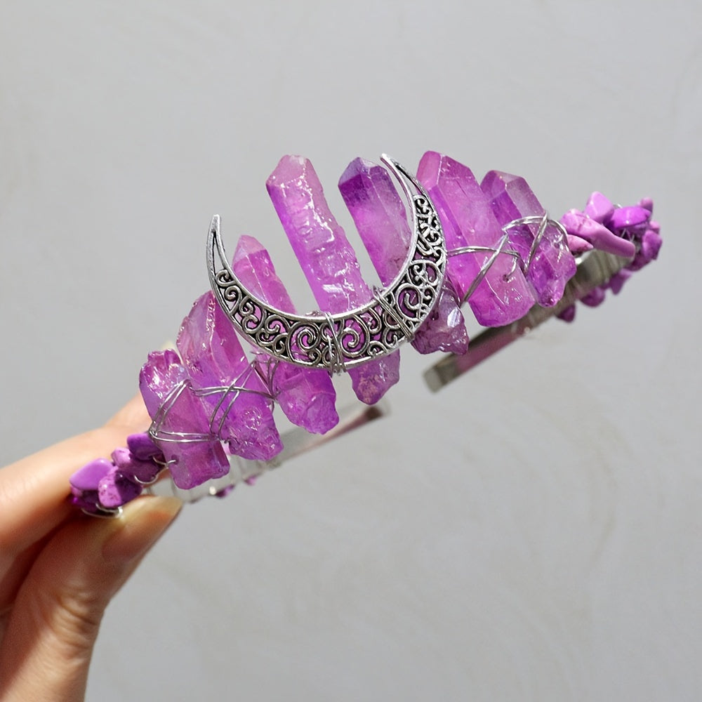 1pc Elegant Natural Crystal Headband - Moon Shaped Hollow Tiara - Chic Hair Jewelry for Special Occasions and Everyday Glamour
