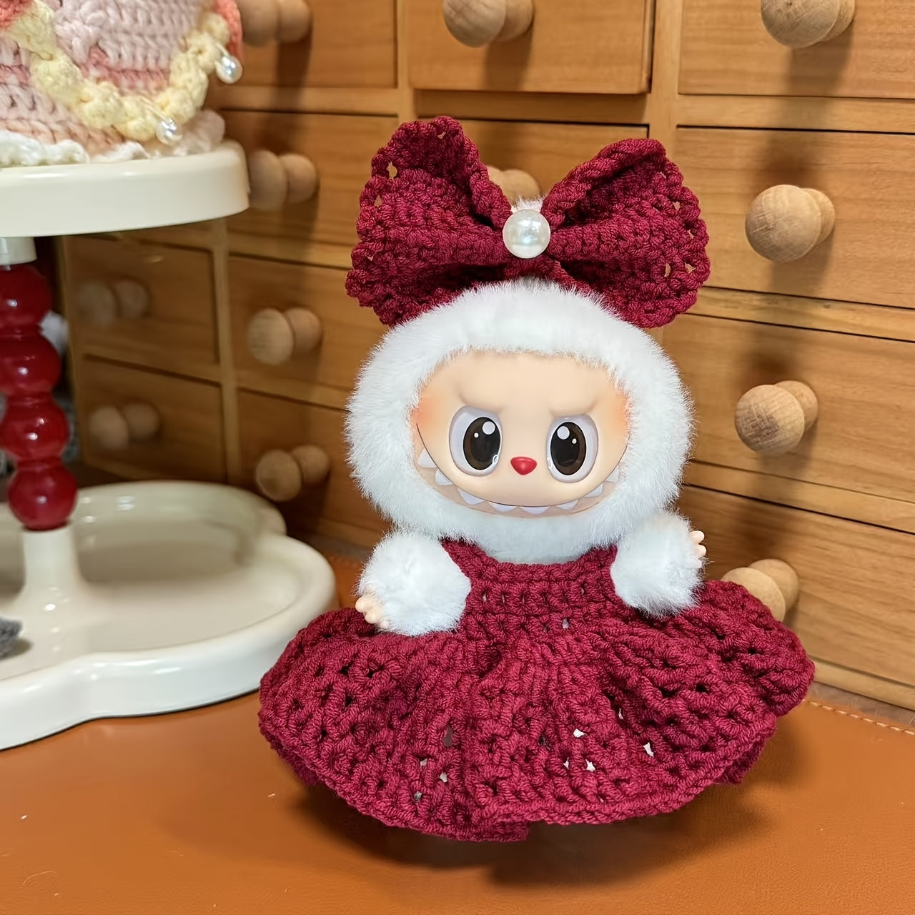 Labubu Red Bow Knit Dress - Limited Edition, Handmade Acrylic Fiber Outfit with Large Red Bow Hat, White Fur Trim, Cute Cartoon Character Design, Festive Holiday Attire, Festive Attire | Playful Design | Detailed Craftsmanship, Cute Clothes
