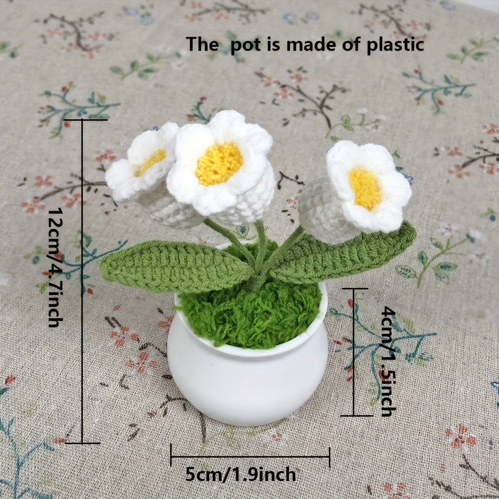 1pc Hand-Knitted Miniature Potted Flower Decor - Vibrant Multicolor Fabric Artificial Floral Arrangement, No Fade No Pill, Cute Table Centerpiece for Home Office Desk, Graduation Party, Festive Gift (No Vase Included)