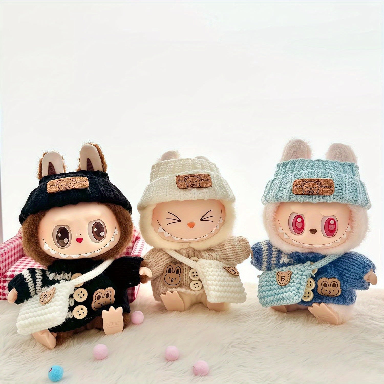 1/4pcs, Labubu fashionable clothing set for dolls (doll not included), handmade 3pcs knit outfit with cute dress, bag, and hat, DIY stylish accessory gift for daughters' birthdays or anniversaries