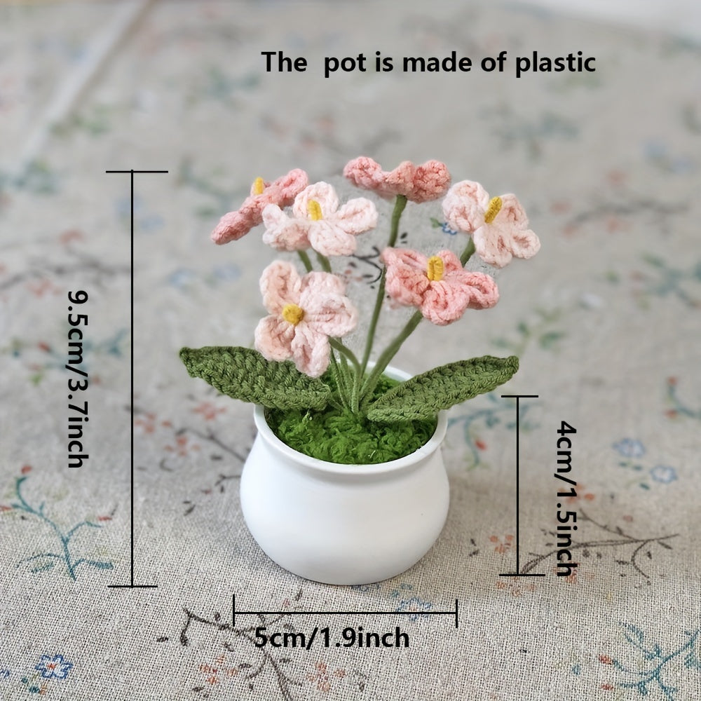 1pc Hand-Knitted Miniature Potted Flower Decor - Vibrant Multicolor Fabric Artificial Floral Arrangement, No Fade No Pill, Cute Table Centerpiece for Home Office Desk, Graduation Party, Festive Gift (No Vase Included)