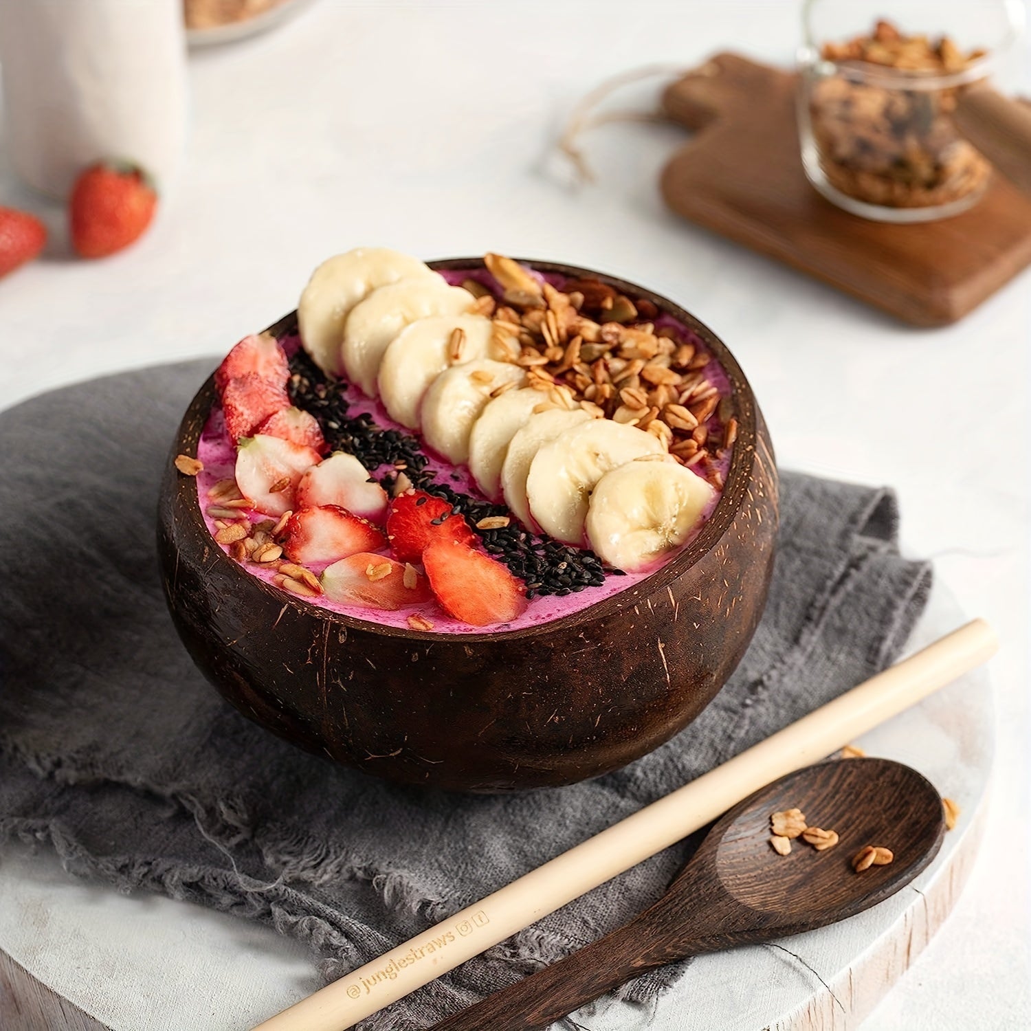 1 set of 4, two coconut bowls and two wooden spoons, coconut bowl and wooden spoon set, healthy vegetarian salad bowl set, ice cream bowl, natural coconut bowl
