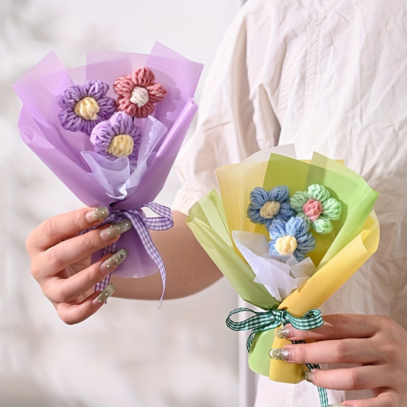 [Artificial Flower Bouquet] 1pc Artificial Mini Knitted Puff Flower Bouquet, Creative Fabric Home Decor Accent - No Electricity or Battery Needed, Ideal for Valentine's Day, Mother's Day, Christmas, Graduation