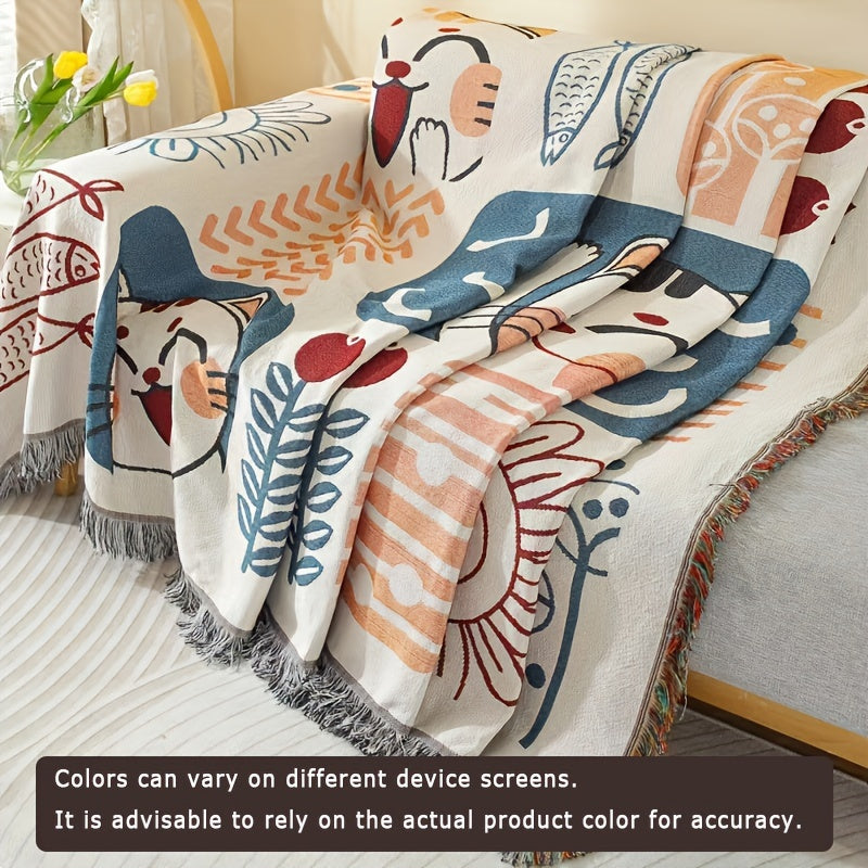 1pc Modern Tassel Sofa Throw Cover - Hand Washable Blend, Universal Fit for Armchair to Sectional Sofas, Botanical & Abstract Cat Patterns, Furniture Protector for Home & Office Decor