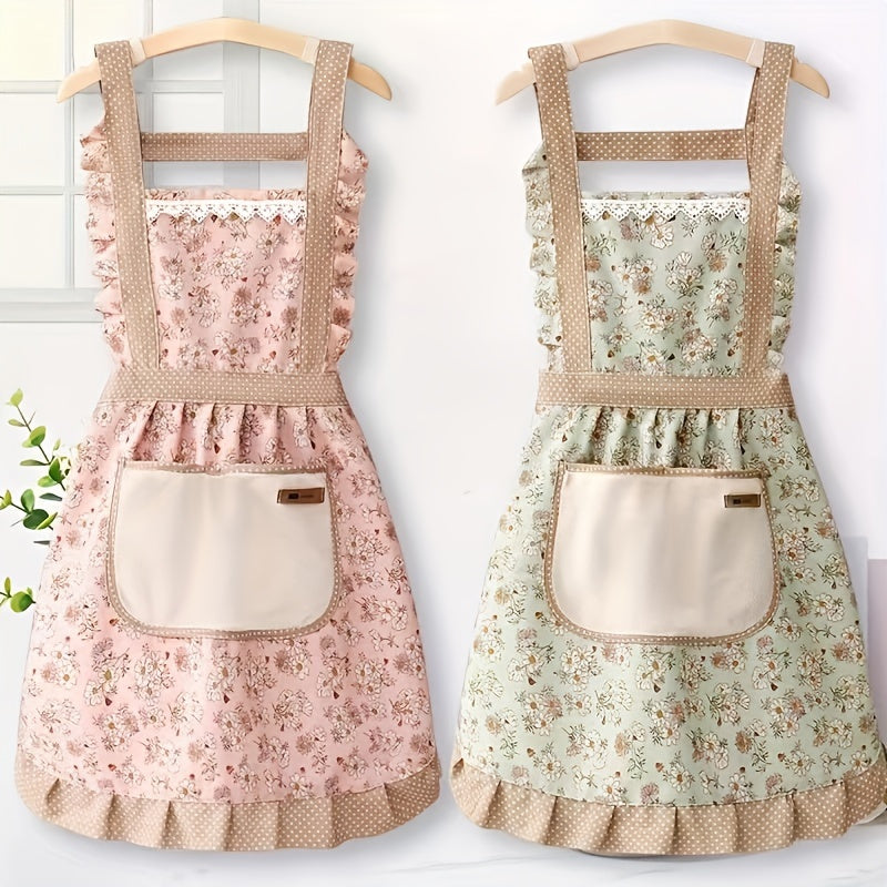 [Floral Princess Apron] 1pc Floral Lace Princess Apron - Hand Wipe Pocket - Suitable for Kitchen, Living Room, Bathroom Cleaning