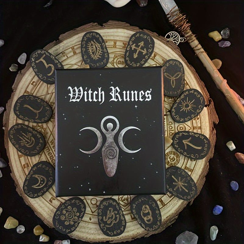1 Set Wood Runes Stone Witches Rune Set 14pcs Engraved Rune Symbol for Divination Halloween Party Supply