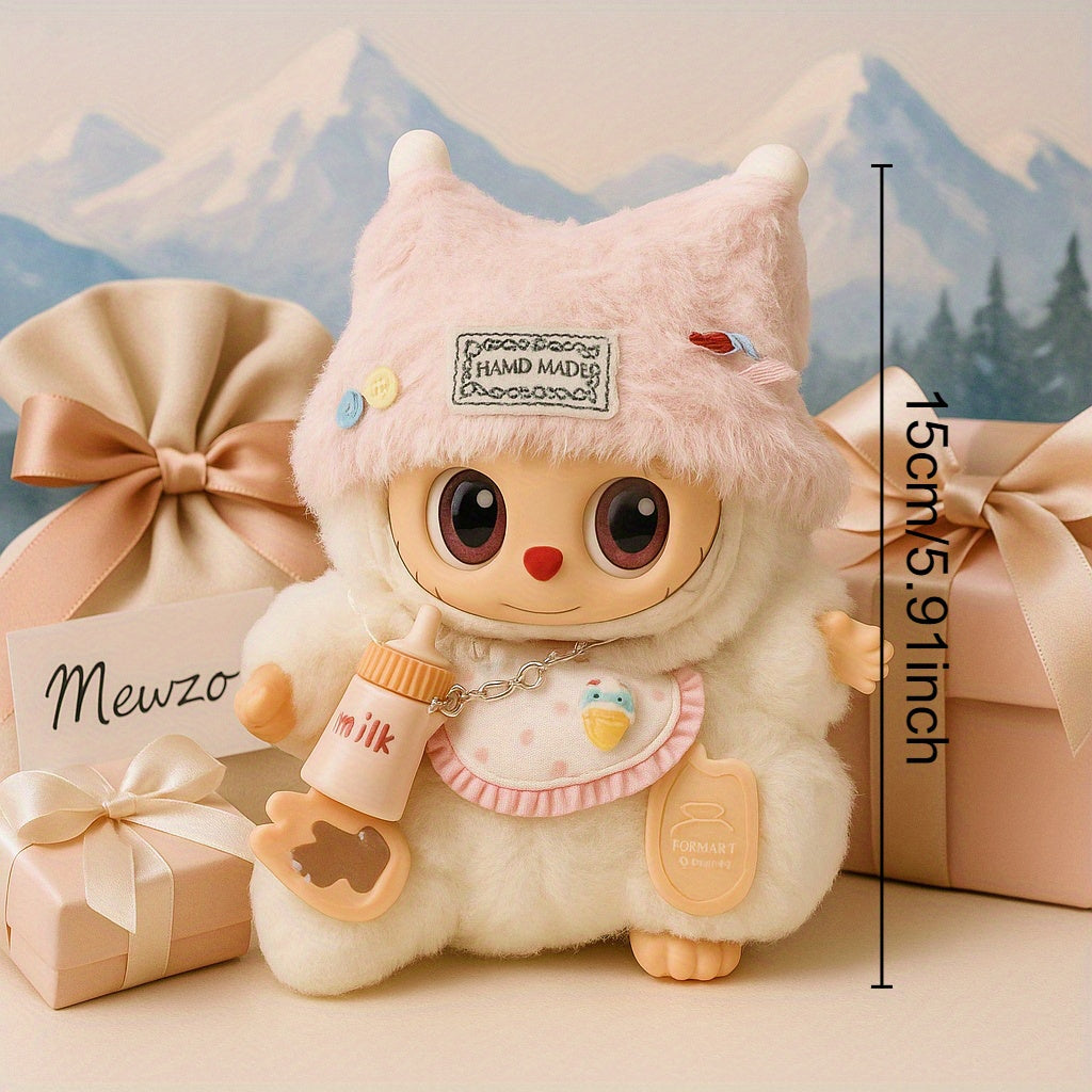 Adorable Outfit Set Suitable for 6.69-inch LabubuDoll, Pink and White Cream Style with Cat Ear Hat + Bib + Bottle Charm Combo (Doll and Shoes Not Included)