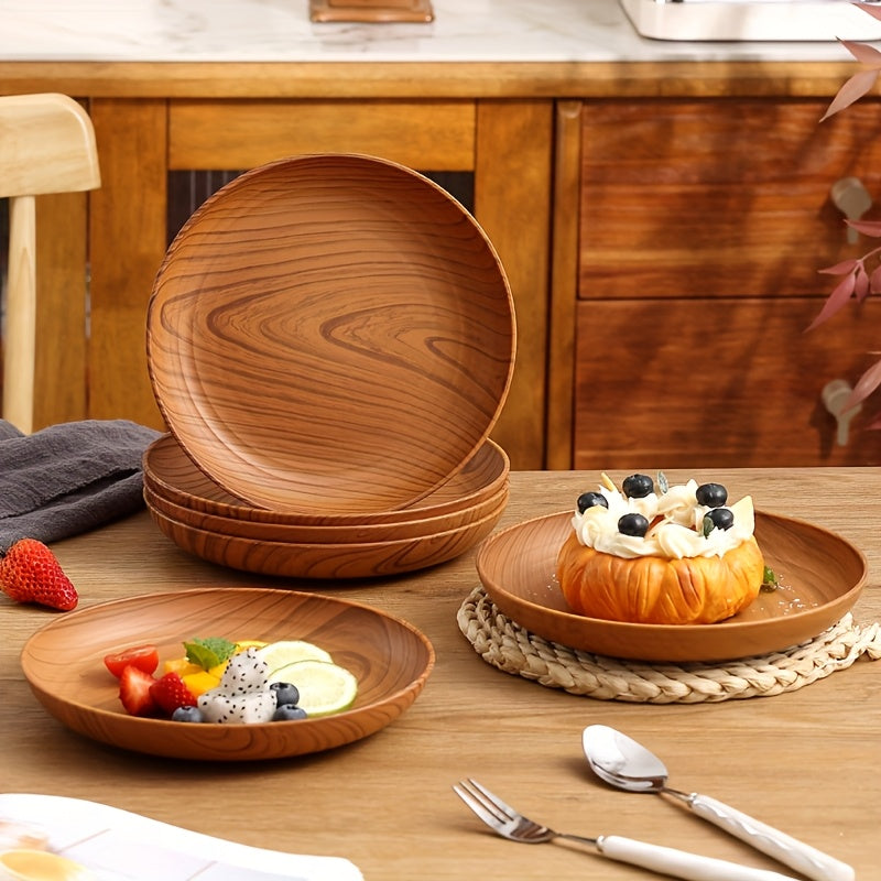 5pcs,10pcs,Wood Grain Color Dinner Plates, Thickened Plastic Dinner Plates, Salad Plate Bread Sandwich Plate, Breakfast Tray, Home Restaurant Dinner Plate Set, Main Course Noodle Pasta Rice Plate, Serving Tray, Party and Outdoor Camping Tray