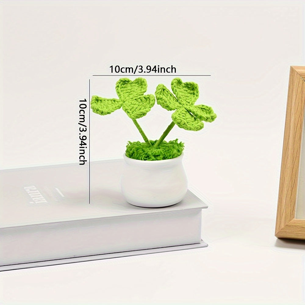 1pc Handmade Artificial Plant Potted, Crocheted Four-leaf Lucky Grass, Unique Knitting Home and Office Desktop Decoration