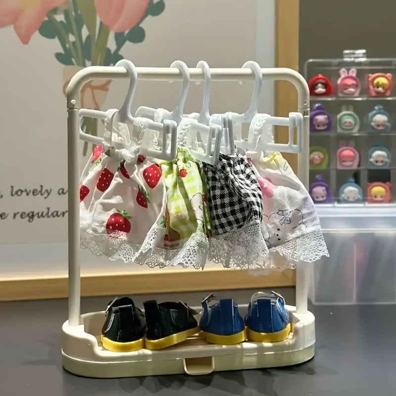 Clothes Storage Rack for Labubu, 1 Rack + 10 Clothes Hangers, Clothes Display Rack for La bubu, Clothes Hanger Doll Shoe Storage Rack Clothes Storage Wardrobe
