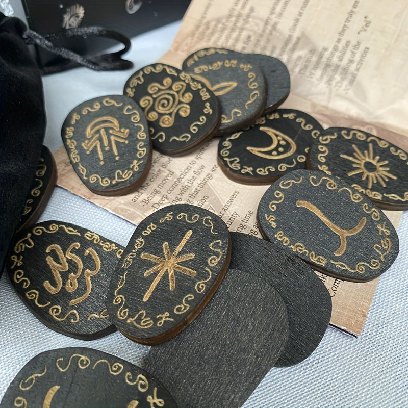 1 Set Wood Runes Stone Witches Rune Set 14pcs Engraved Rune Symbol for Divination Halloween Party Supply