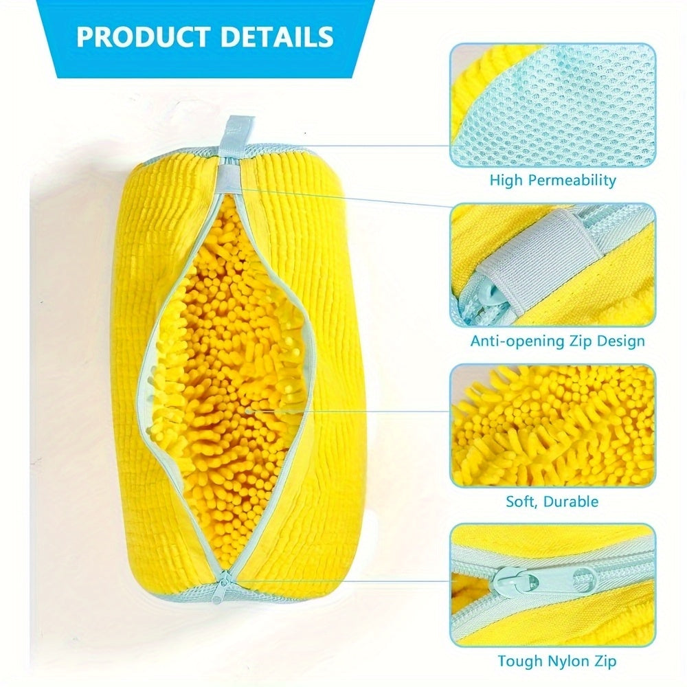 [Soft Laundry Bag] Soft Chenille Laundry Bag | Yellow Shoe Washing Machine Bag for Washer & Dryer with Noise Reduction, Oval Zipper Design, Rich Fluff Lining, Durable Polyester for Sneakers & Most Footwear